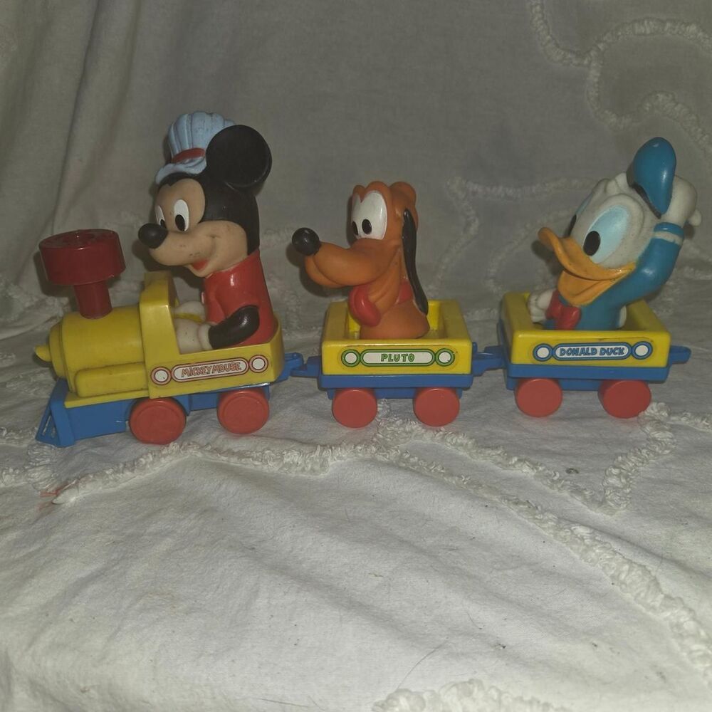 Vtg 1980s Illco Disney Mickey Mouse Wind-Up Train Set Pluto Donald retro